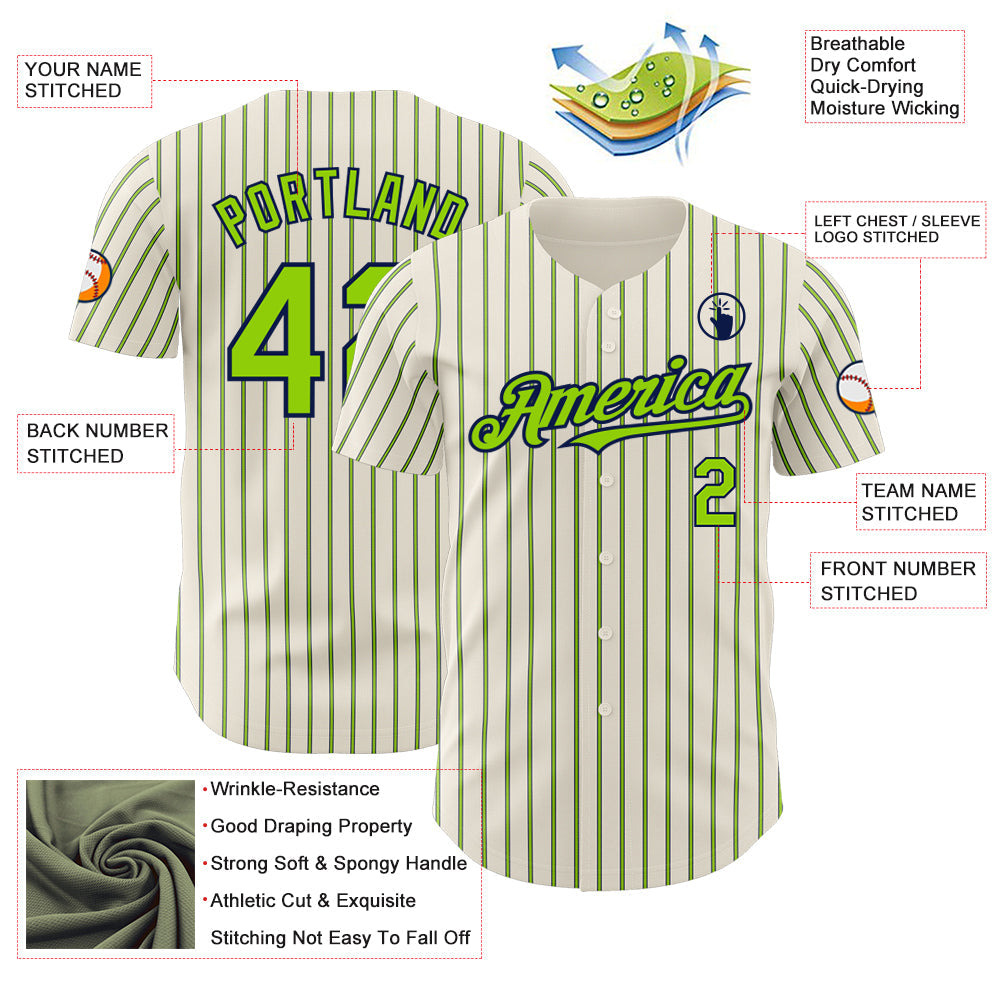 Custom Cream (Navy Neon Green Pinstripe) Neon Green-Navy Authentic Baseball Jersey view 3