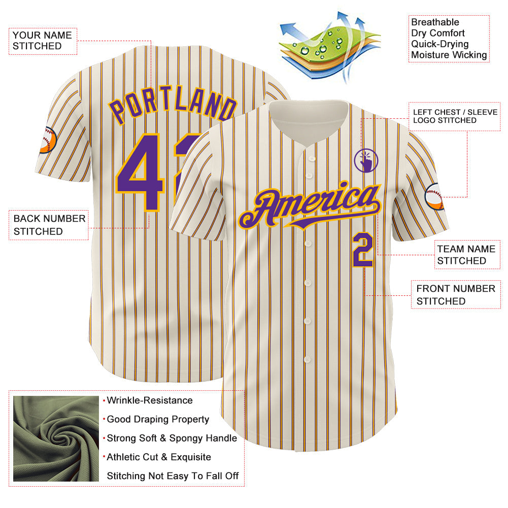 Custom Cream (Purple Gold Pinstripe) Purple-Gold Authentic Baseball Jersey view 3