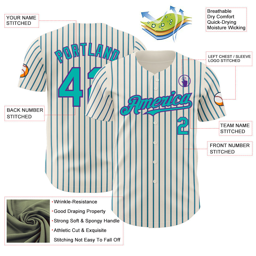 Custom Cream (Purple Aqua Pinstripe) Aqua-Purple Authentic Baseball Jersey view 3