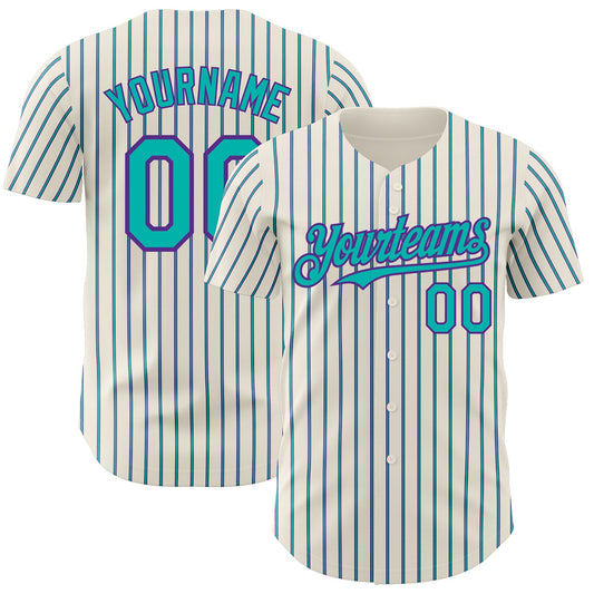 Custom Cream (Purple Aqua Pinstripe) Aqua-Purple Authentic Baseball Jersey - Main View