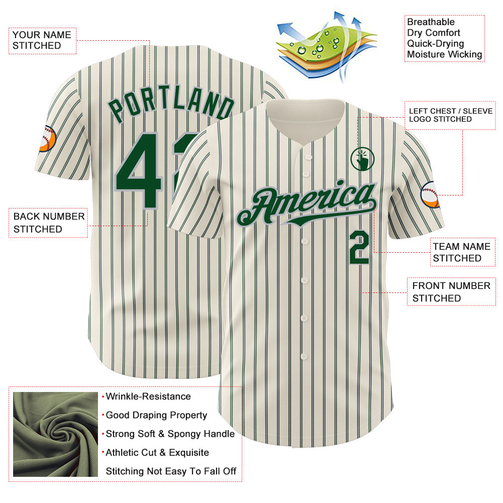 Custom Cream (Green Gray Pinstripe) Green-Gray Authentic Baseball Jersey view 3