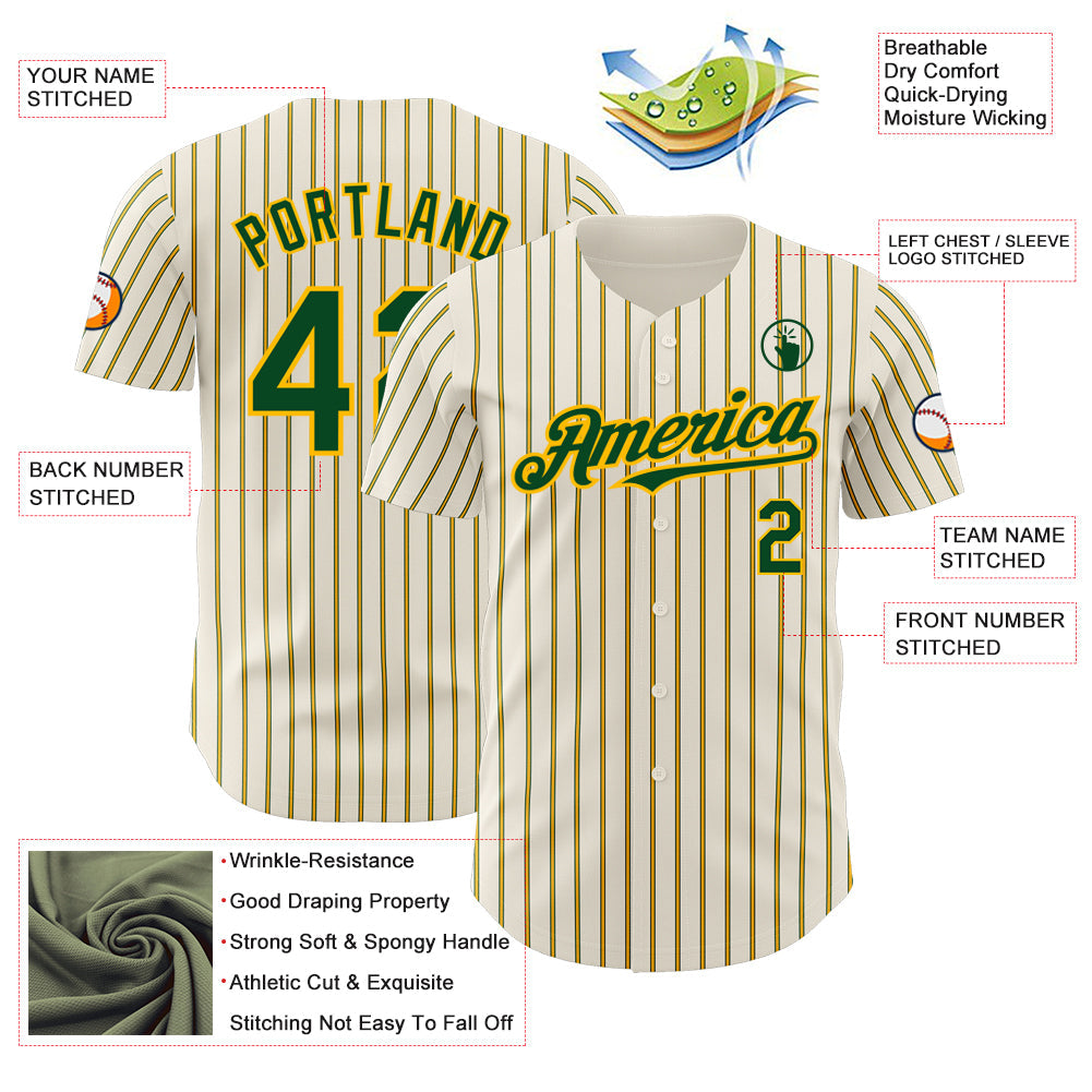 Custom Cream (Green Gold Pinstripe) Green-Gold Authentic Baseball Jersey view 3