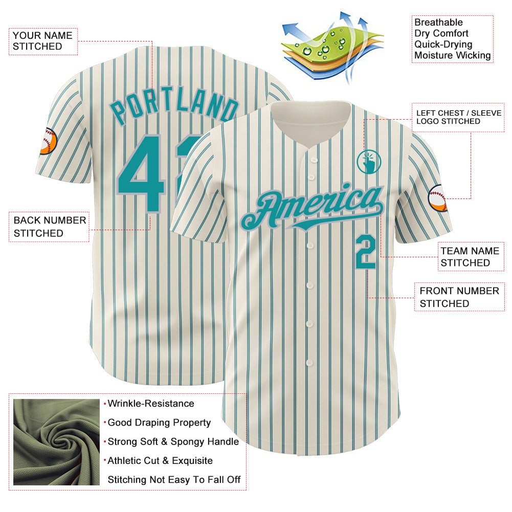 Custom Cream (Teal Gray Pinstripe) Teal-Gray Authentic Baseball Jersey view 3