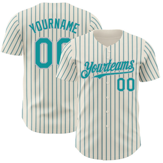 Custom Cream (Teal Gray Pinstripe) Teal-Gray Authentic Baseball Jersey - Main View