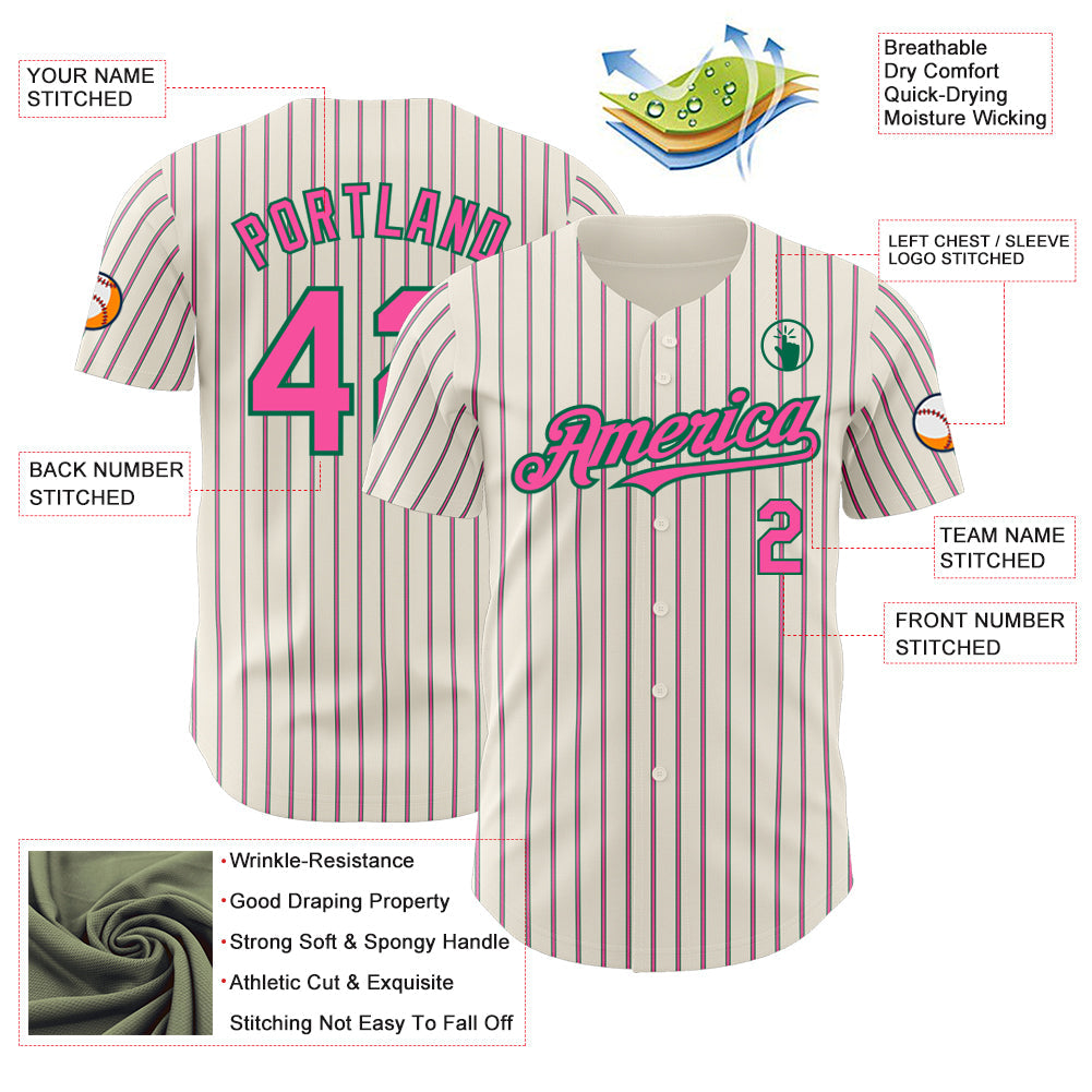 Custom Cream (Kelly Green Pink Pinstripe) Pink-Kelly Green Authentic Baseball Jersey view 3