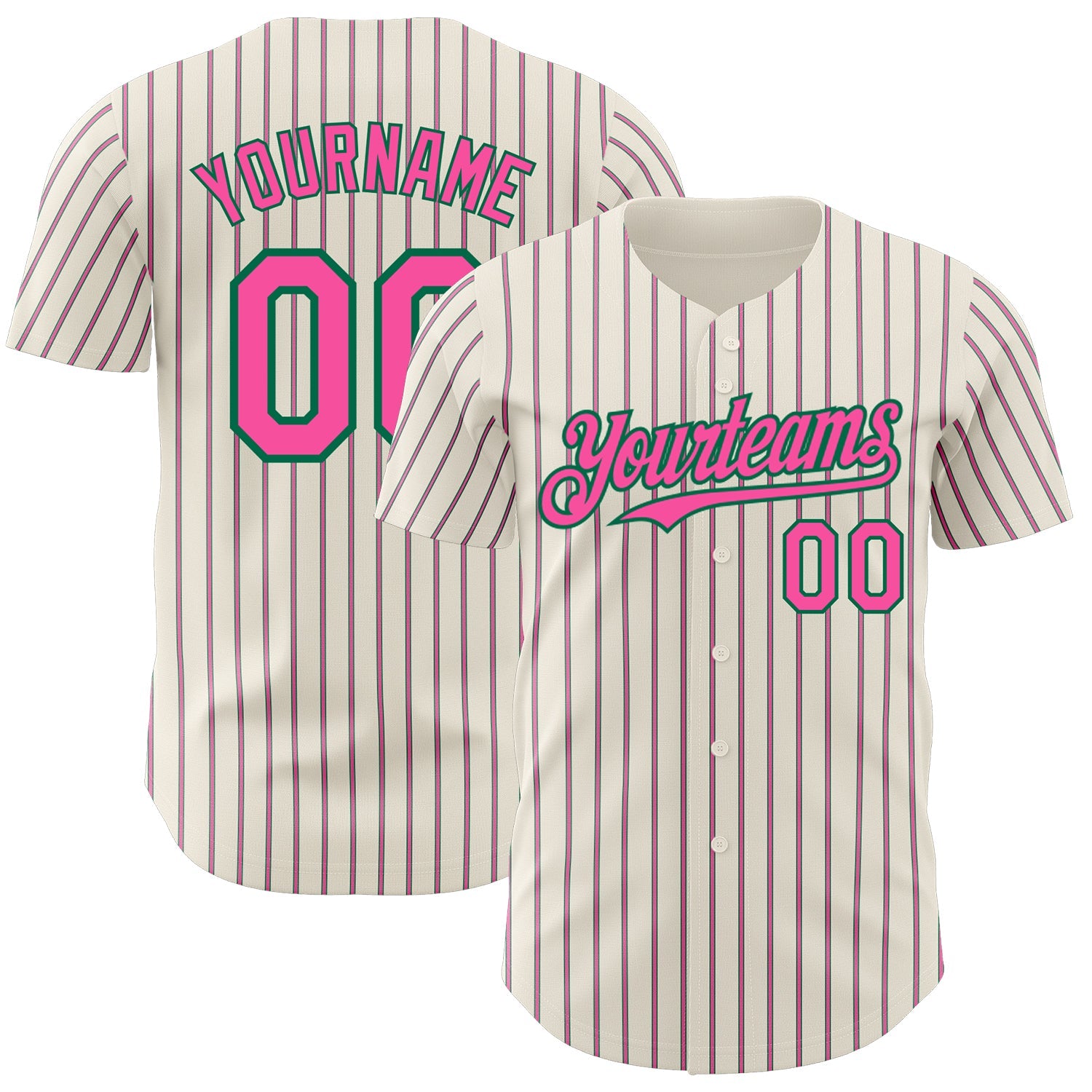 Custom Cream (Kelly Green Pink Pinstripe) Pink-Kelly Green Authentic Baseball Jersey - Main View