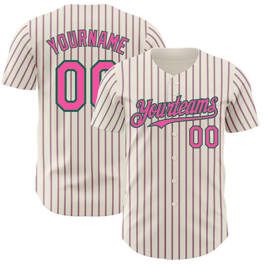 Custom Cream (Kelly Green Pink Pinstripe) Pink-Kelly Green Authentic Baseball Jersey - Main View