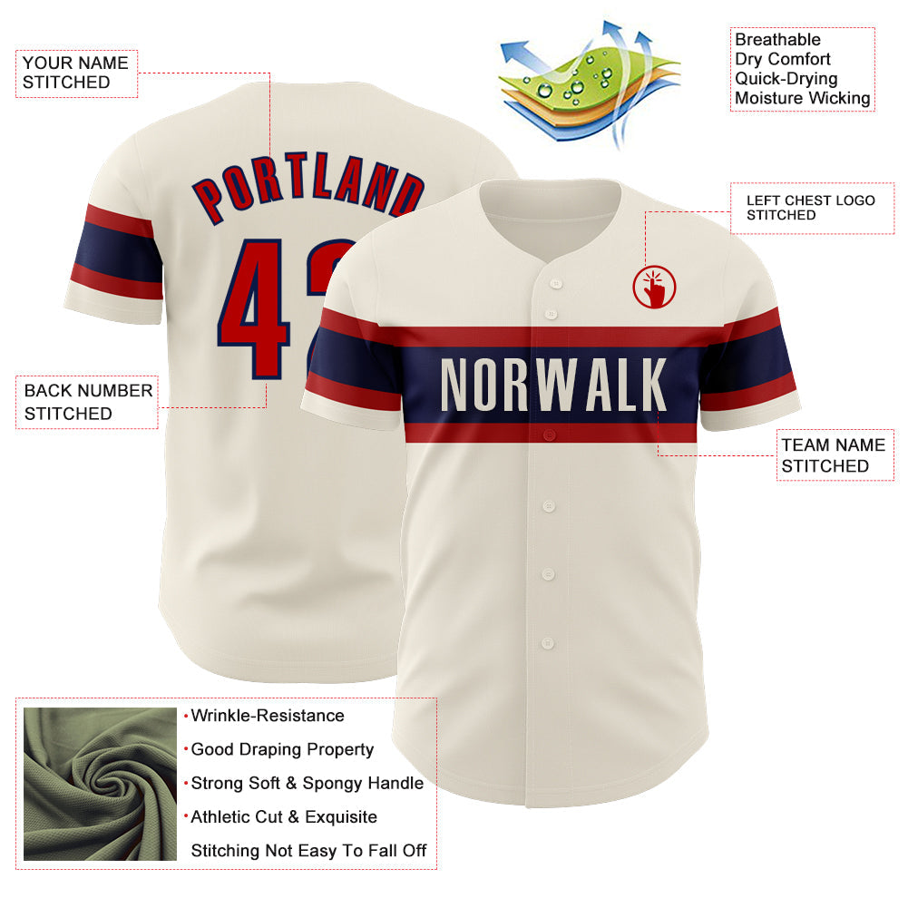 Custom Cream Red-Navy Authentic Baseball Jersey view 3