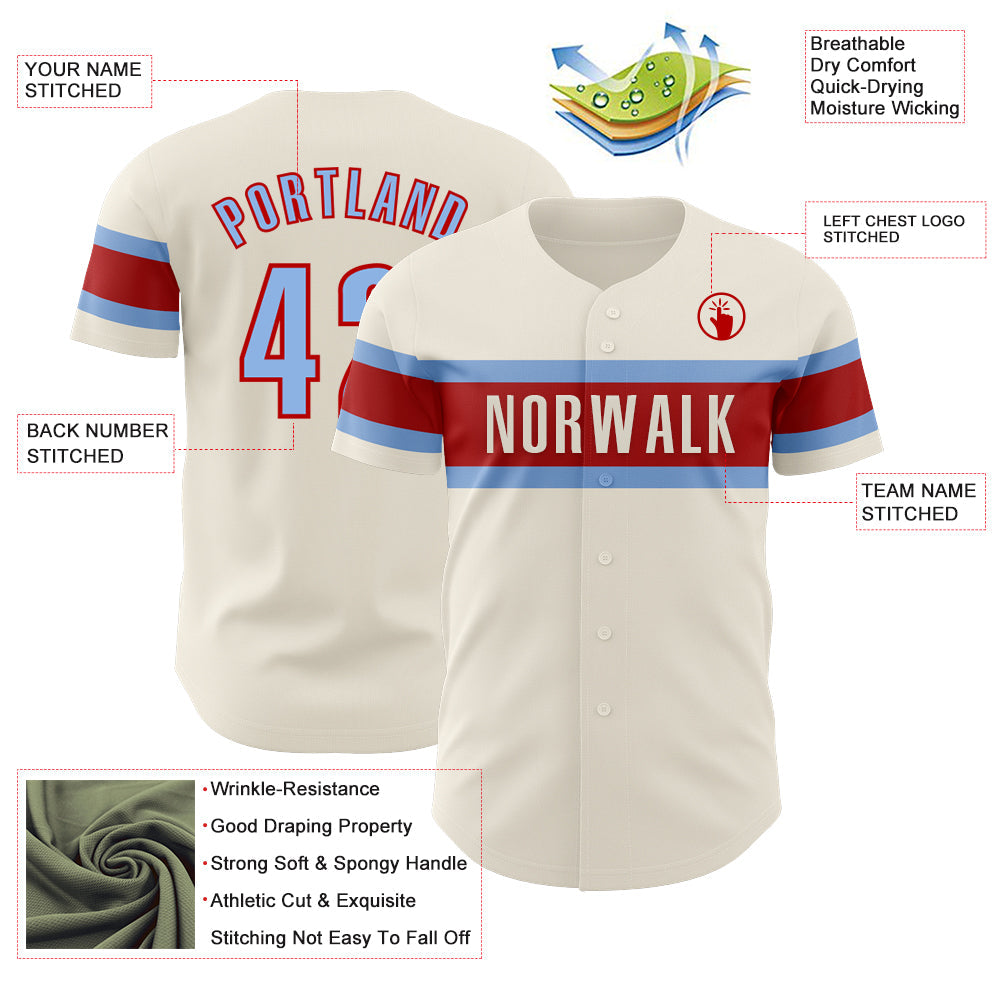 Custom Cream Light Blue-Red Authentic Baseball Jersey view 3