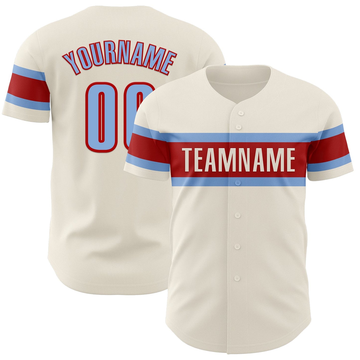 Custom Cream Light Blue-Red Authentic Baseball Jersey - Main View
