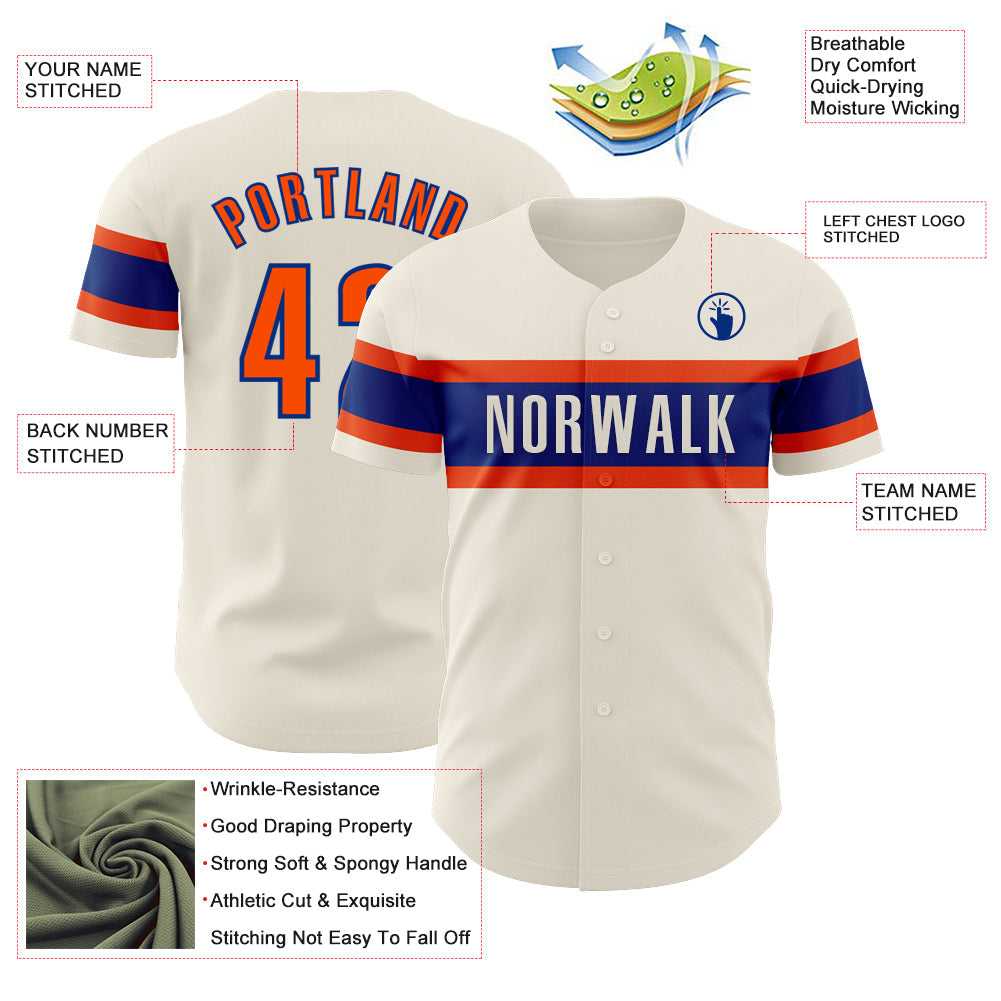 Custom Cream Orange-Royal Authentic Baseball Jersey view 3