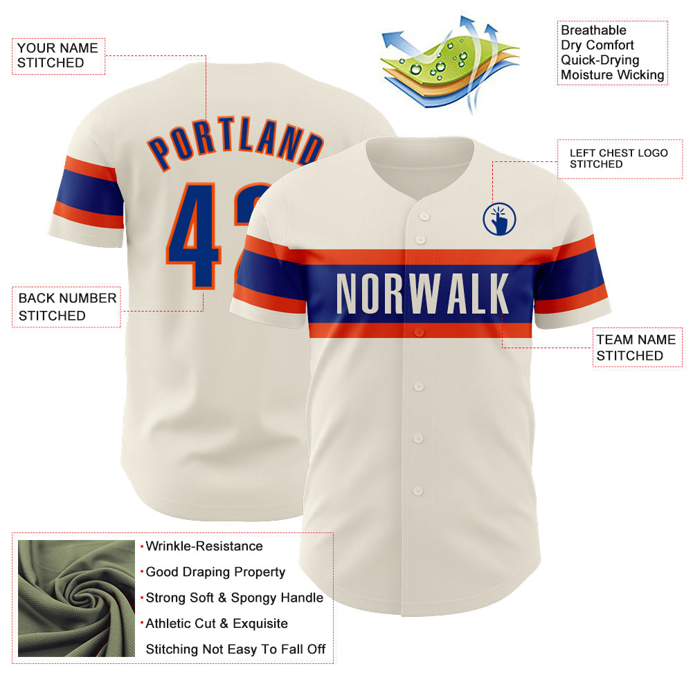 Custom Cream Royal-Orange Authentic Baseball Jersey view 3