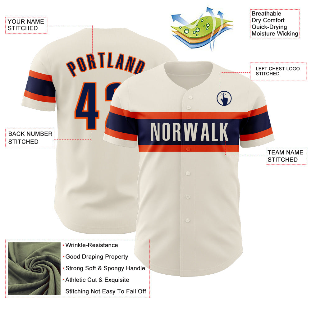 Custom Cream Navy-Orange Authentic Baseball Jersey view 3