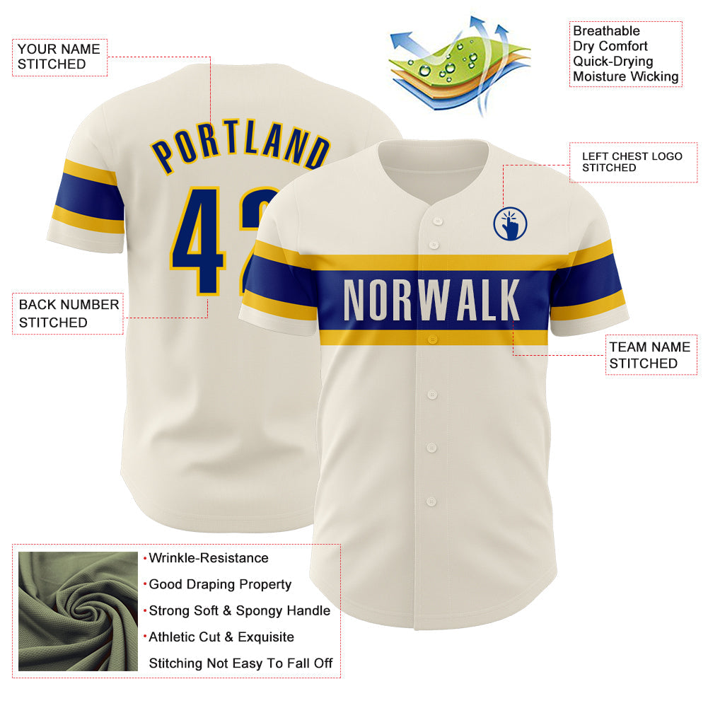 Custom Cream Royal-Yellow Authentic Baseball Jersey view 3