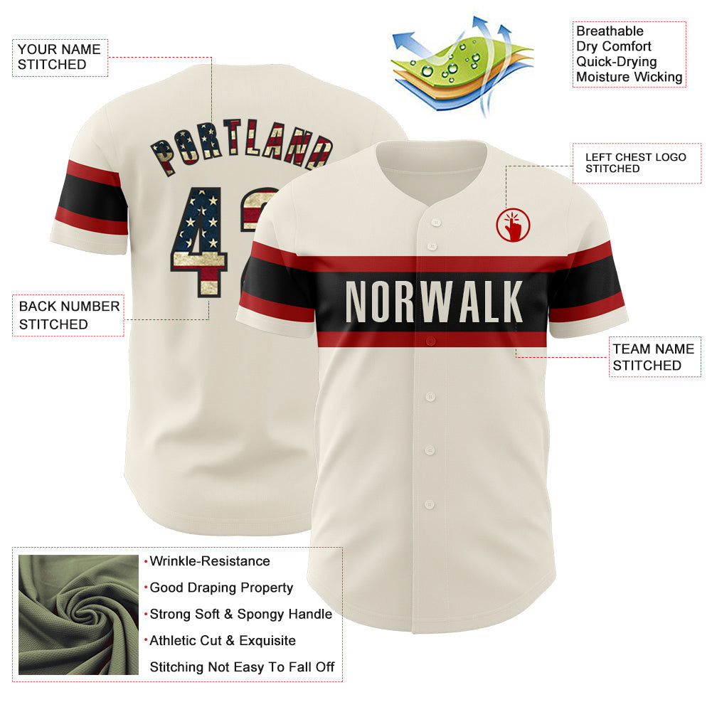 Custom Cream Vintage USA Flag Black-Red Authentic Baseball Jersey view 3