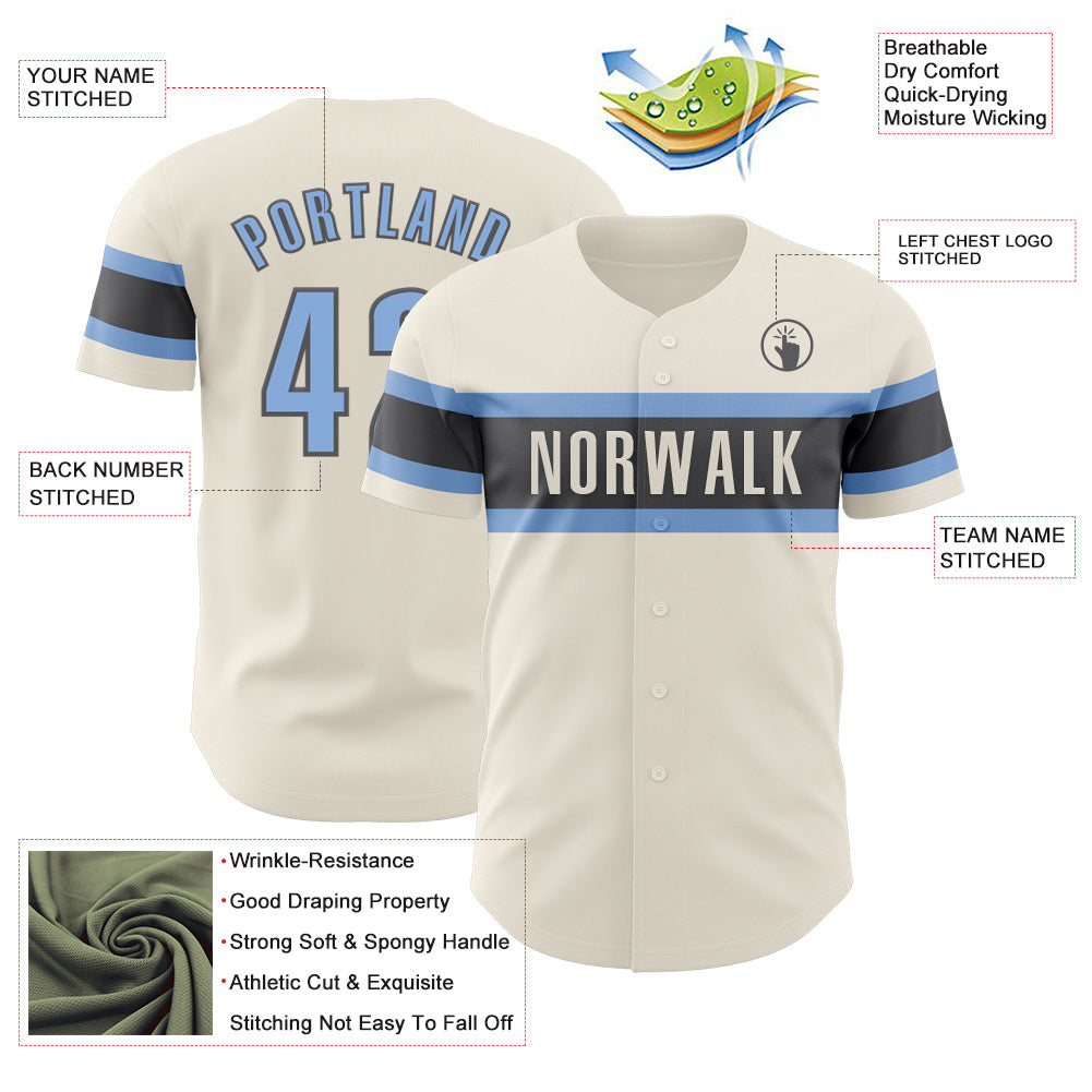 Custom Cream Light Blue-Steel Gray Authentic Baseball Jersey view 3