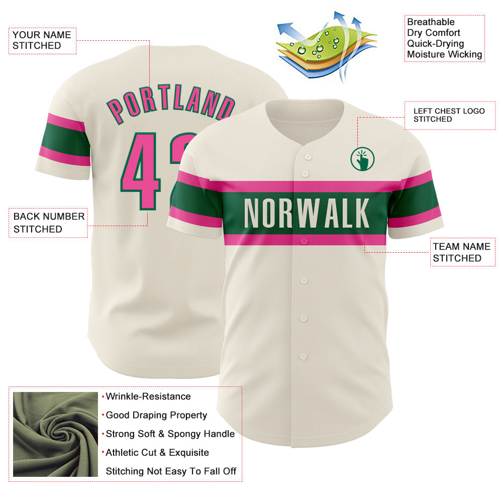 Custom Cream Pink-Kelly Green Authentic Baseball Jersey view 3