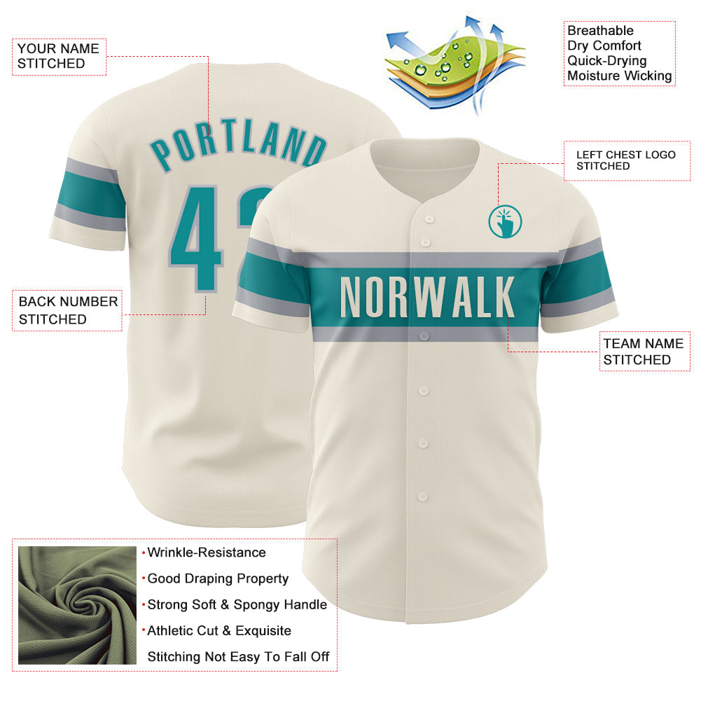 Custom Cream Teal-Gray Authentic Baseball Jersey view 3