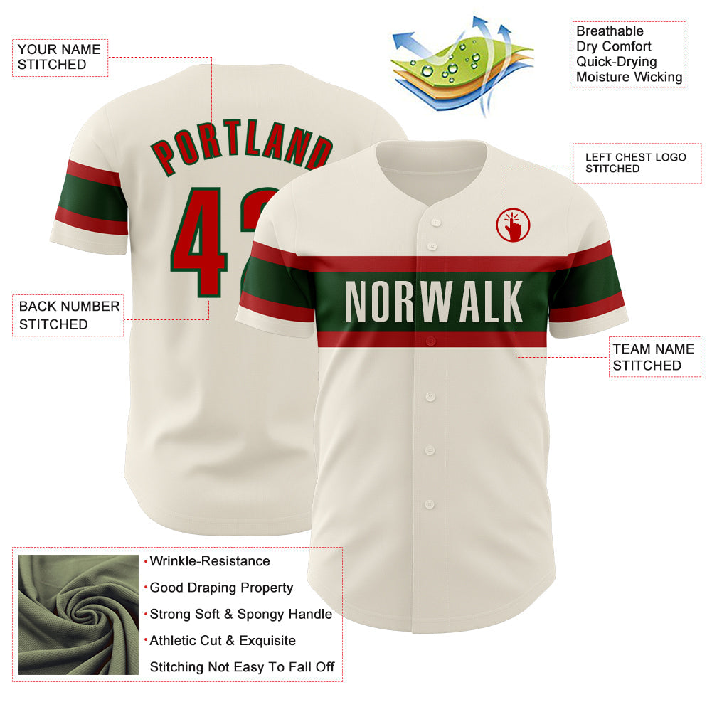 Custom Cream Red-Green Authentic Baseball Jersey view 3