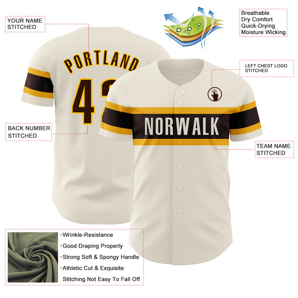 Custom Cream Brown-Gold Authentic Baseball Jersey view 3