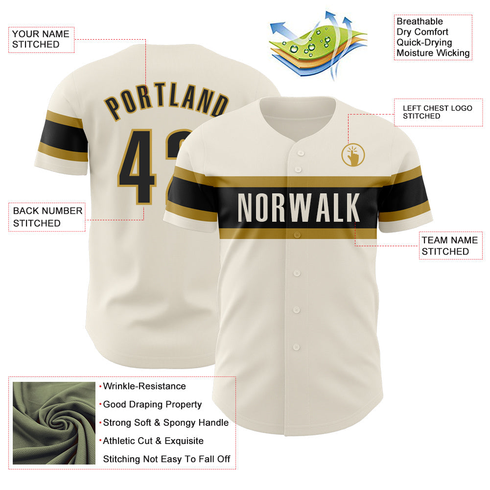 Custom Cream Black-Old Gold Authentic Baseball Jersey view 3