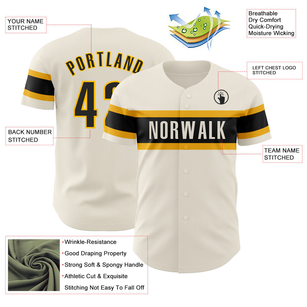 Custom Cream Black-Gold Authentic Baseball Jersey view 3