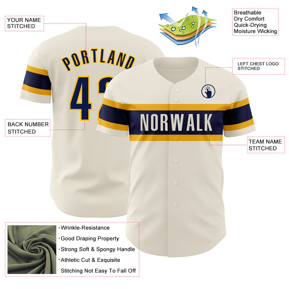Custom Cream Navy-Gold Authentic Baseball Jersey view 3