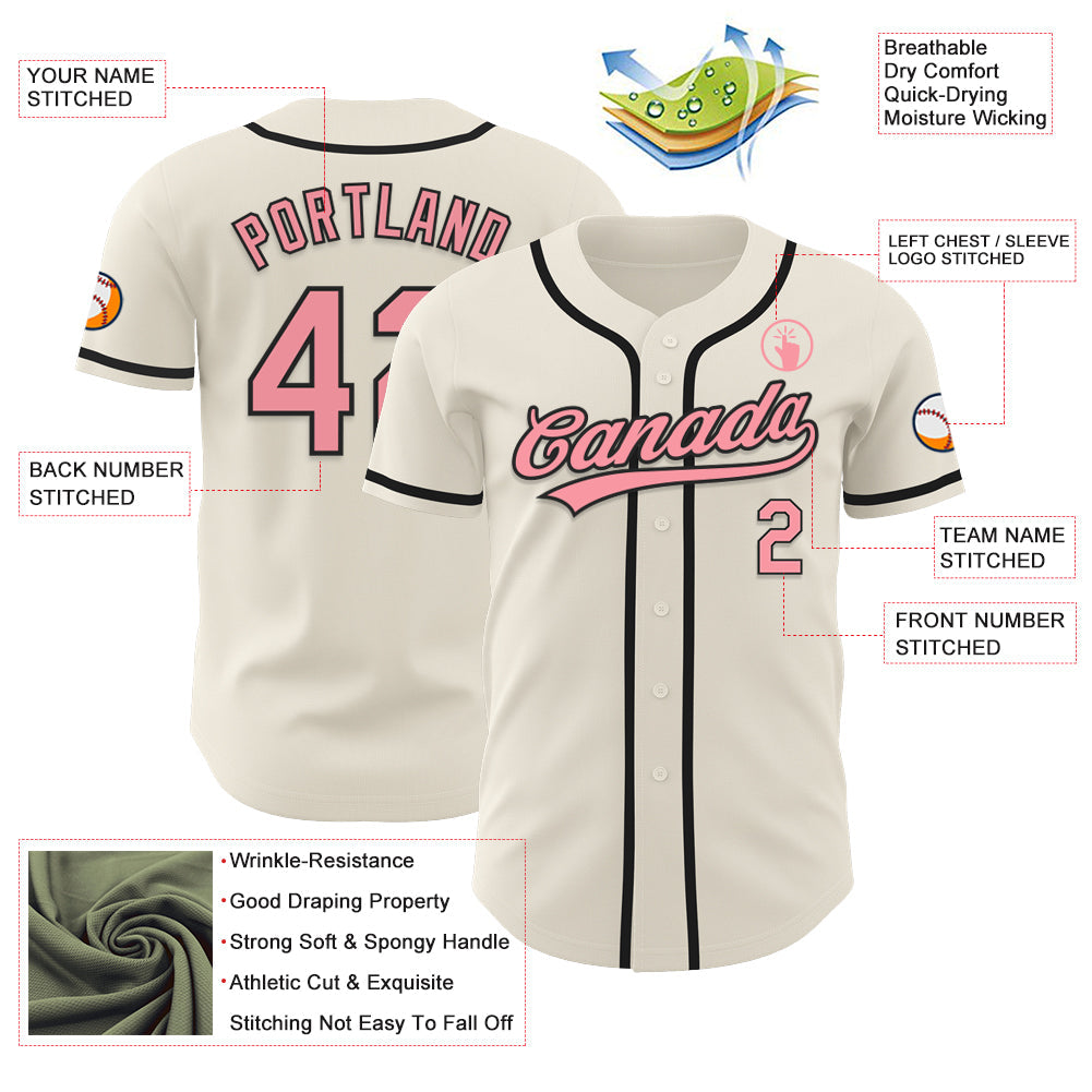 Custom Cream Medium Pink-Black Authentic Baseball Jersey view 3