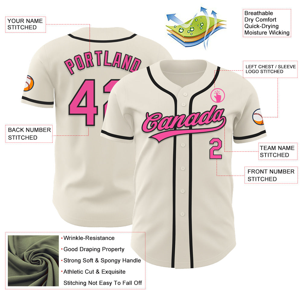 Custom Cream Pink-Black Authentic Baseball Jersey view 3
