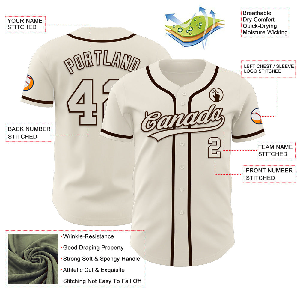 Custom Cream Brown Authentic Baseball Jersey view 3