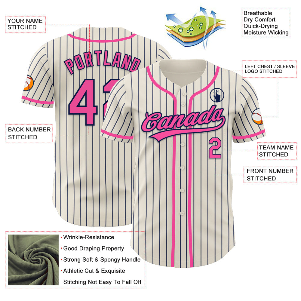 Custom Cream Navy Pinstripe Pink Authentic Baseball Jersey view 3