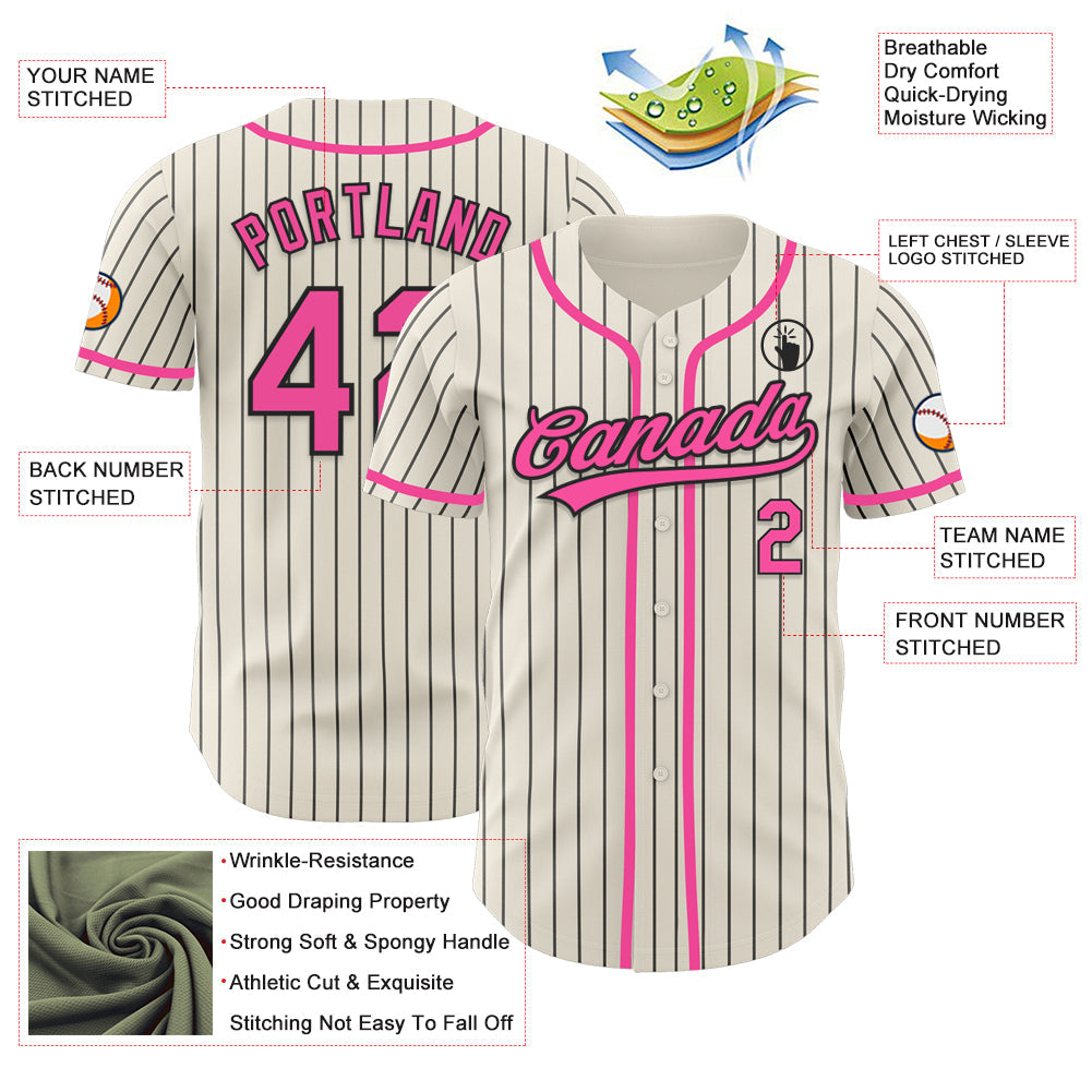 Custom Cream Black Pinstripe Pink Authentic Baseball Jersey view 3