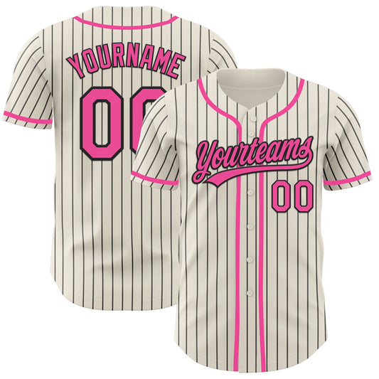 Custom Cream Black Pinstripe Pink Authentic Baseball Jersey - Main View