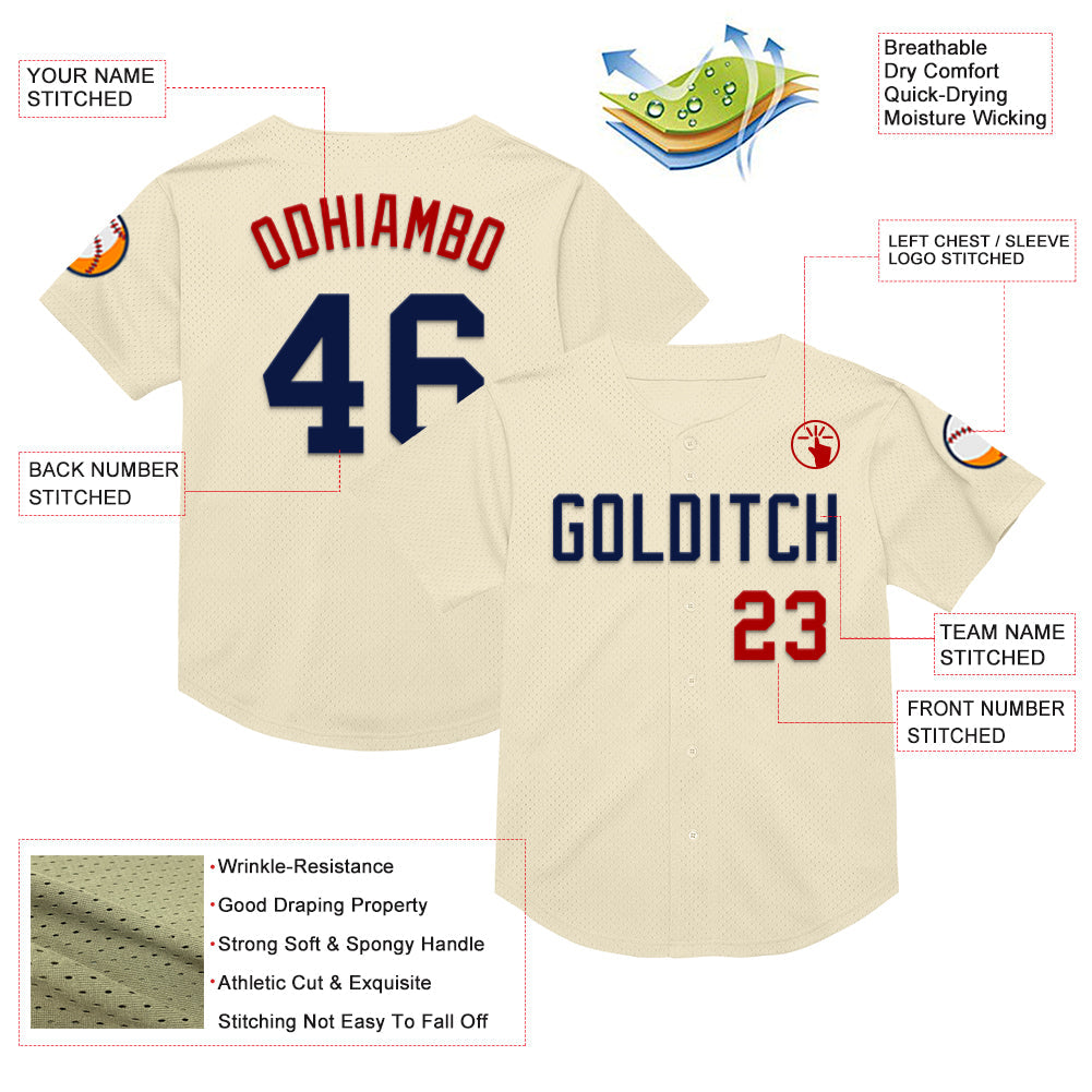 Custom Cream Navy-Red Mesh Authentic Throwback Baseball Jersey view 3