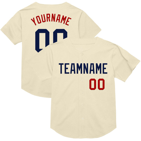 Custom Cream Navy-Red Mesh Authentic Throwback Baseball Jersey - Main View