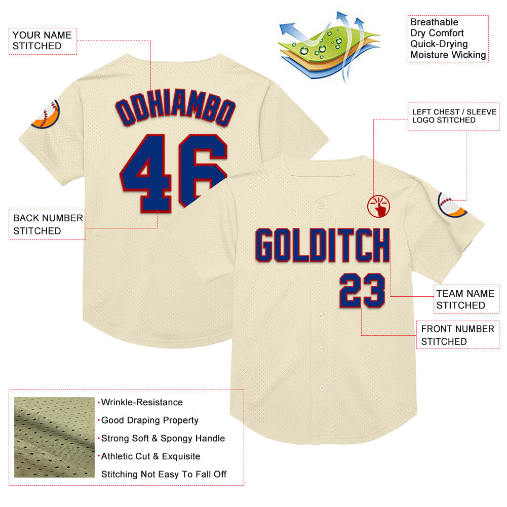 Custom Cream Royal-Red Mesh Authentic Throwback Baseball Jersey view 3