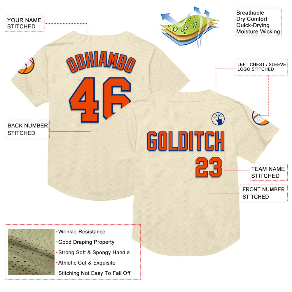 Custom Cream Orange-Royal Mesh Authentic Throwback Baseball Jersey view 3