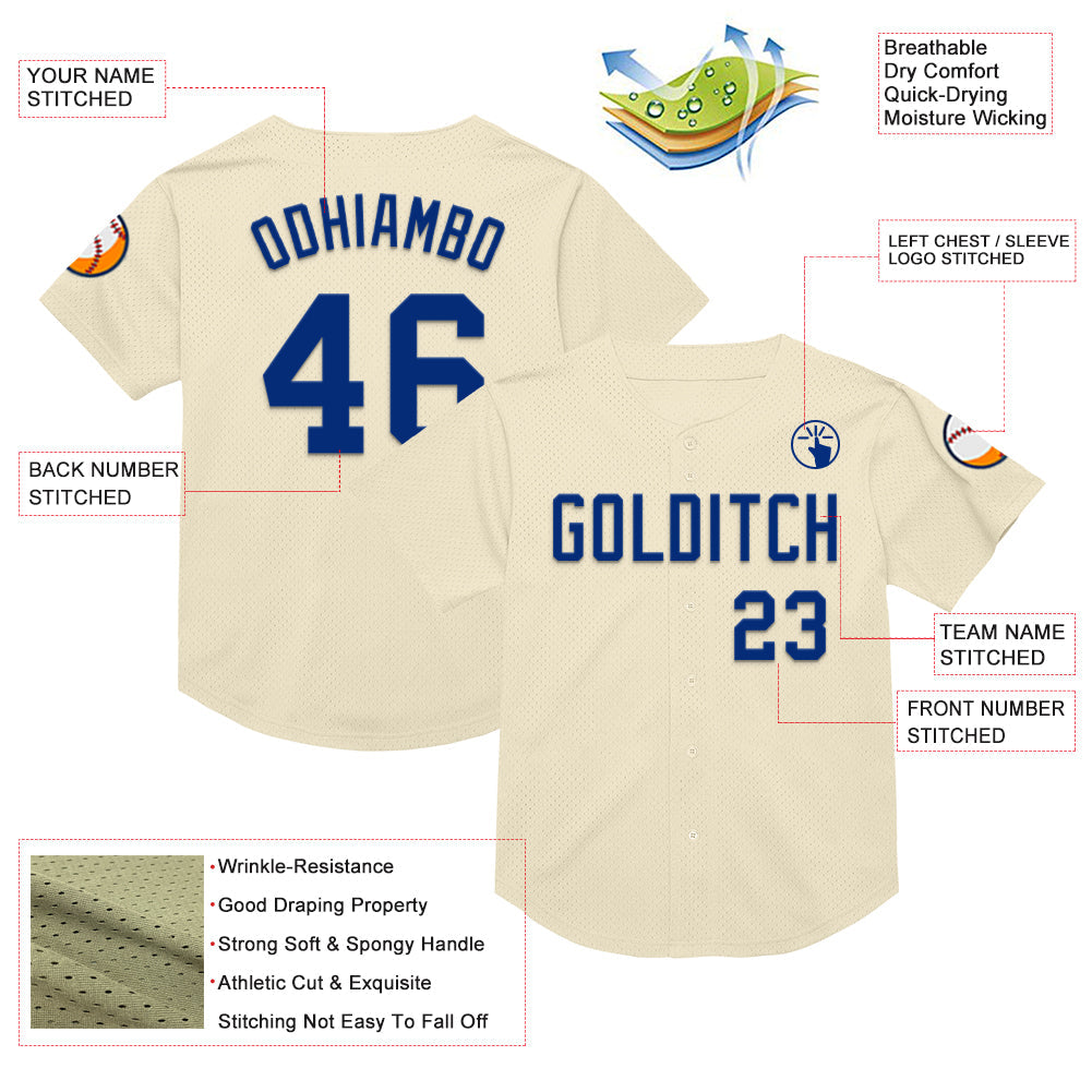 Custom Cream Royal Mesh Authentic Throwback Baseball Jersey view 3