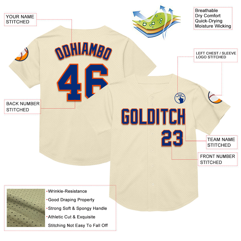 Custom Cream Royal-Orange Mesh Authentic Throwback Baseball Jersey view 3