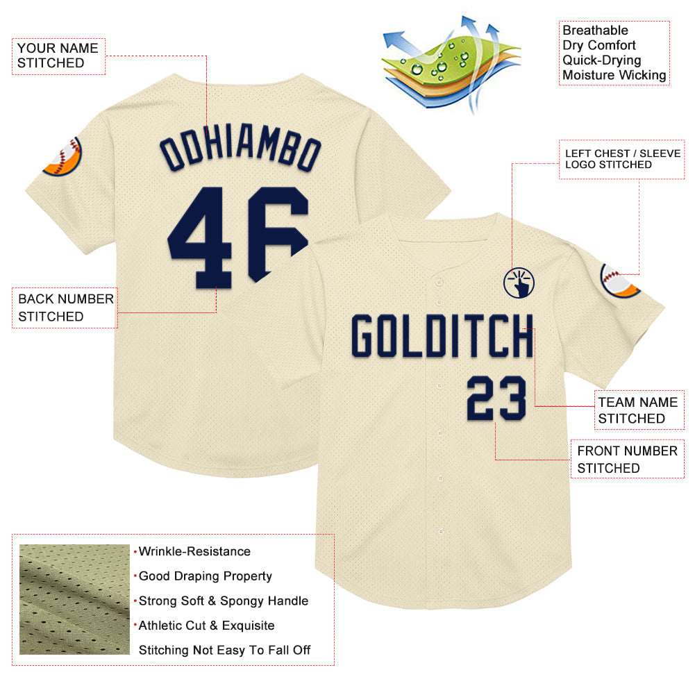 Custom Cream Navy Mesh Authentic Throwback Baseball Jersey view 3