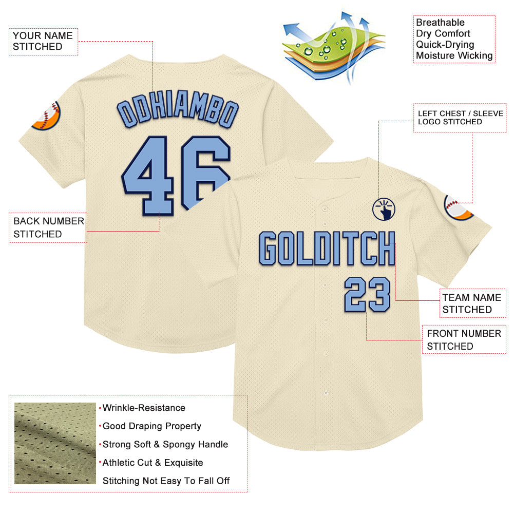 Custom Cream Light Blue-Navy Mesh Authentic Throwback Baseball Jersey view 3