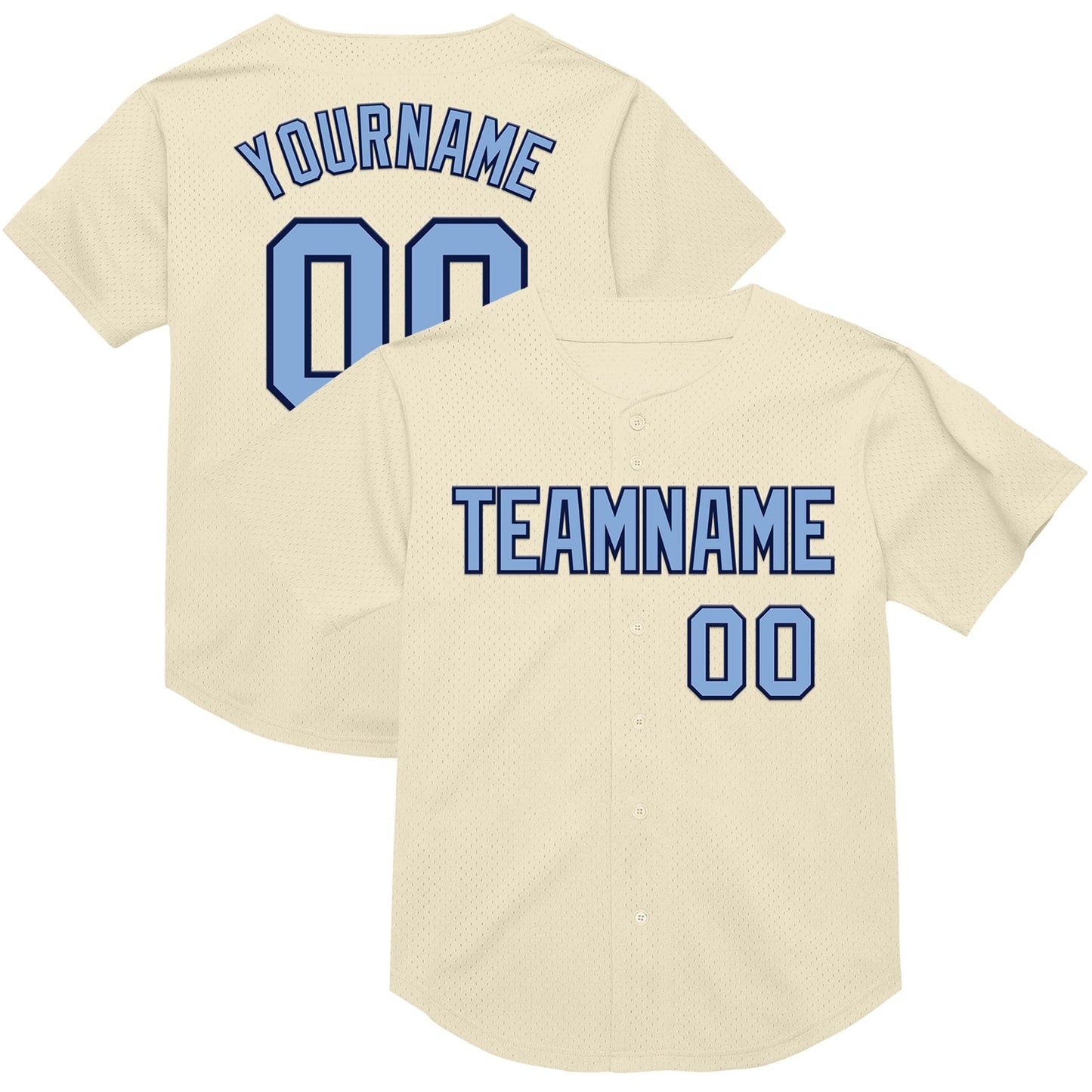 Custom Cream Light Blue-Navy Mesh Authentic Throwback Baseball Jersey - Main View