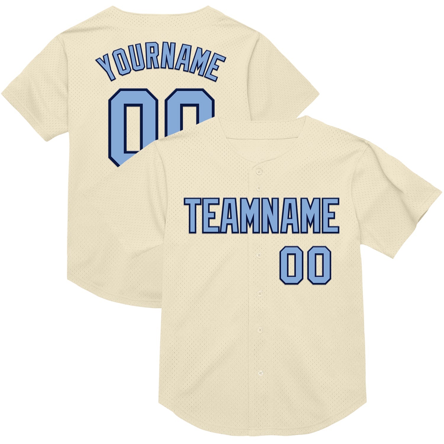 Custom Cream Light Blue-Navy Mesh Authentic Throwback Baseball Jersey - Main View