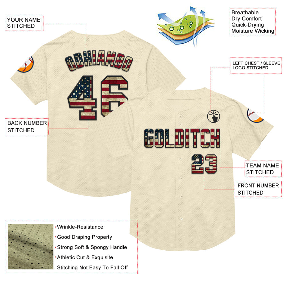 Custom Cream Vintage USA Flag-Black Mesh Authentic Throwback Baseball Jersey view 3