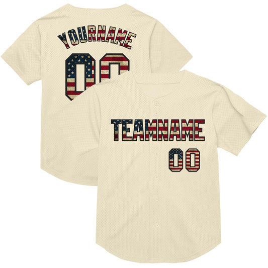 Custom Cream Vintage USA Flag-Black Mesh Authentic Throwback Baseball Jersey - Main View