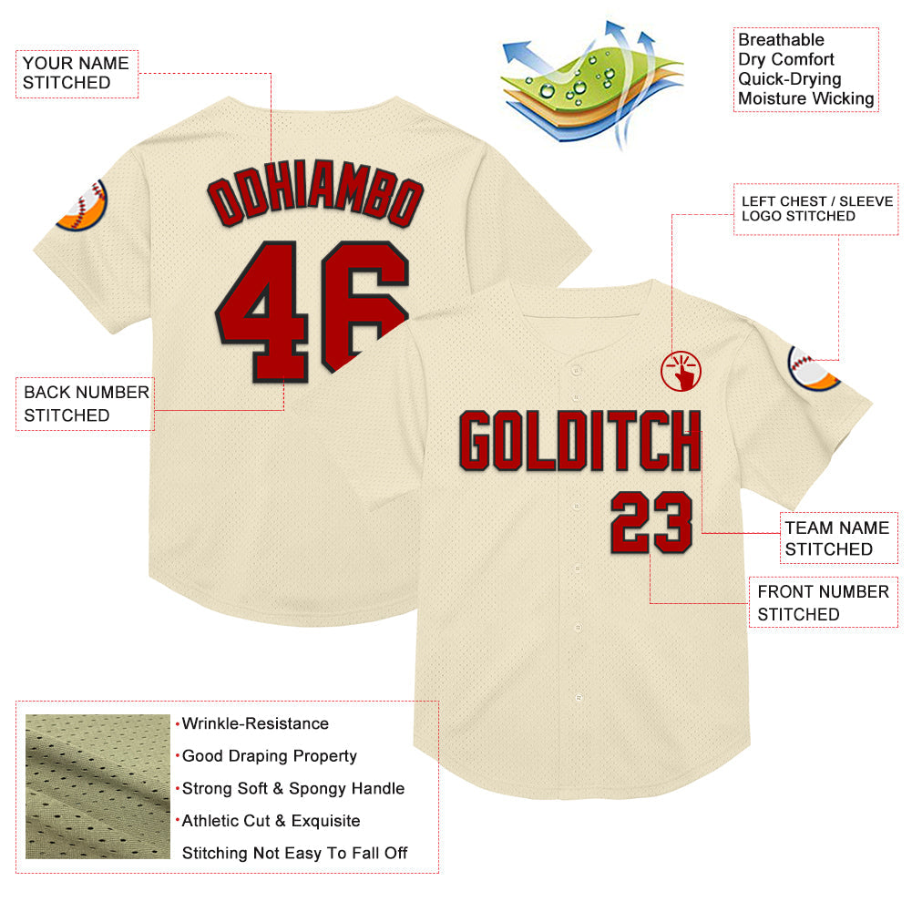 Custom Cream Red-Black Mesh Authentic Throwback Baseball Jersey view 3