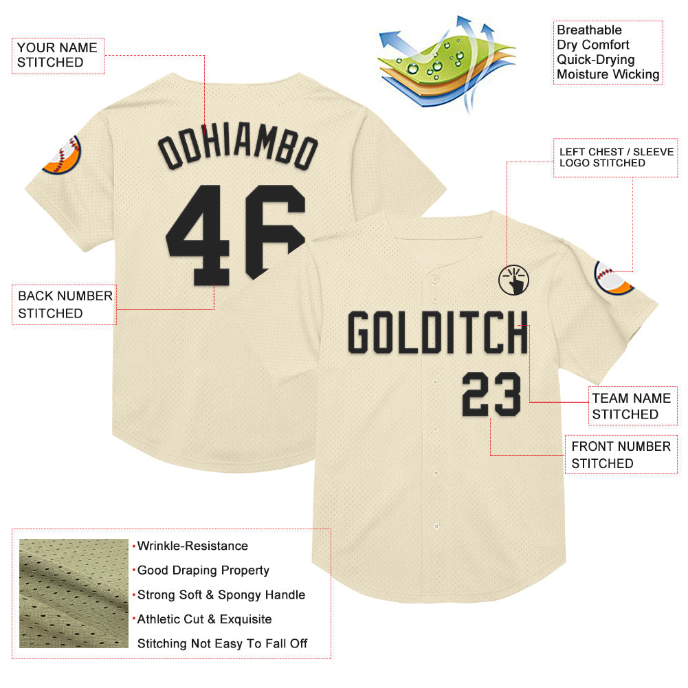 Custom Cream Black Mesh Authentic Throwback Baseball Jersey view 3
