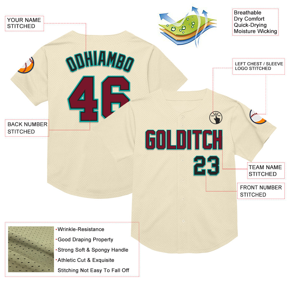 Custom Cream Crimson Black-Aqua Mesh Authentic Throwback Baseball Jersey view 3