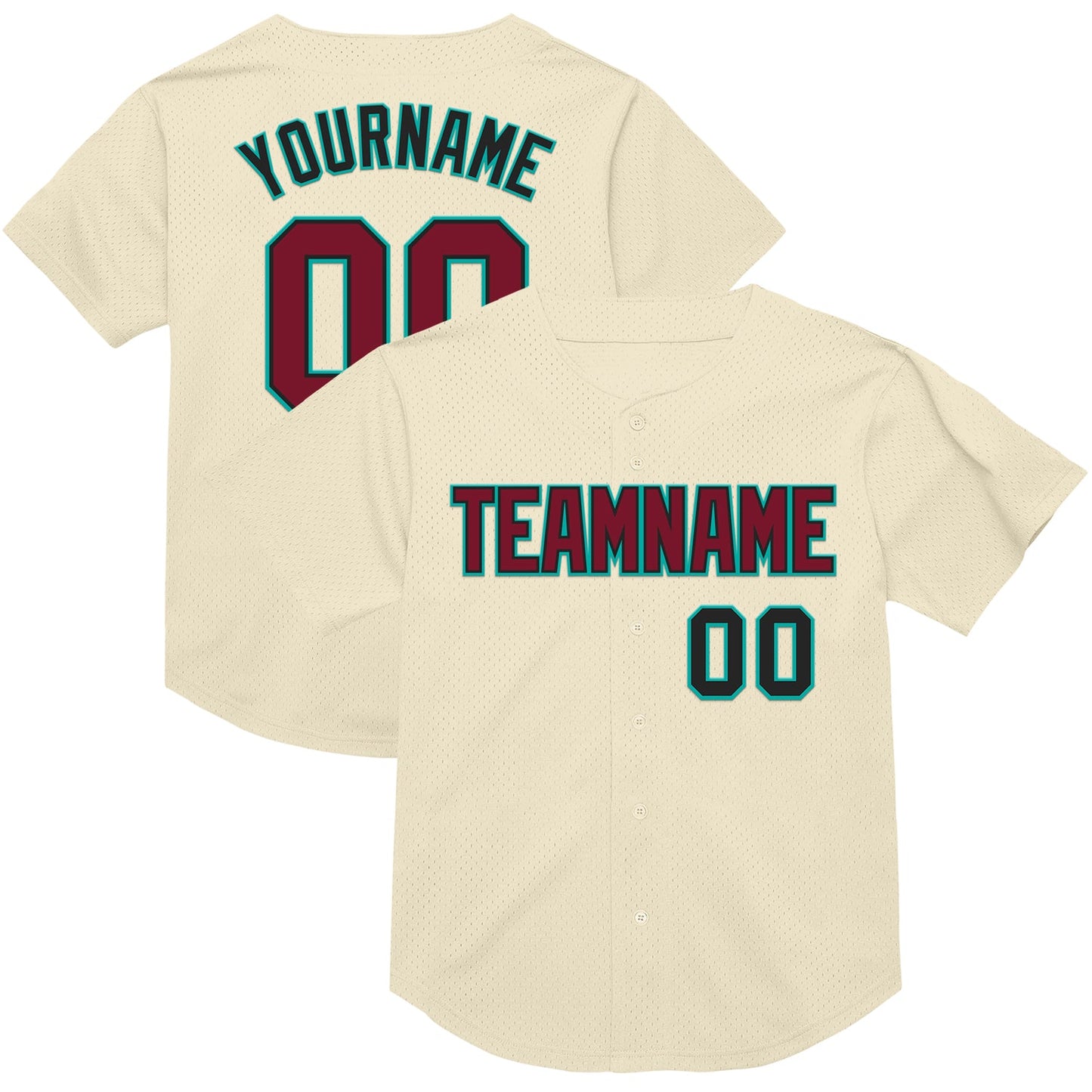 Custom Cream Crimson Black-Aqua Mesh Authentic Throwback Baseball Jersey - Main View