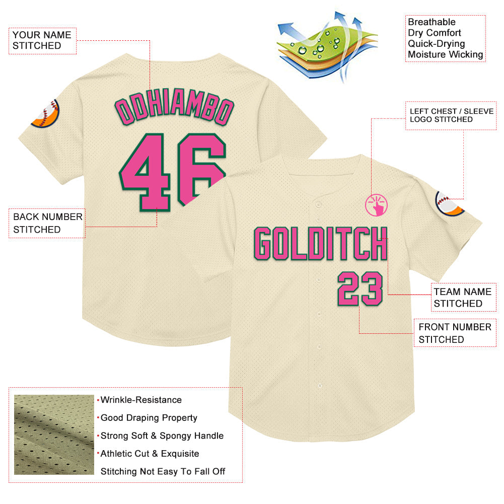 Custom Cream Pink-Kelly Green Mesh Authentic Throwback Baseball Jersey view 3